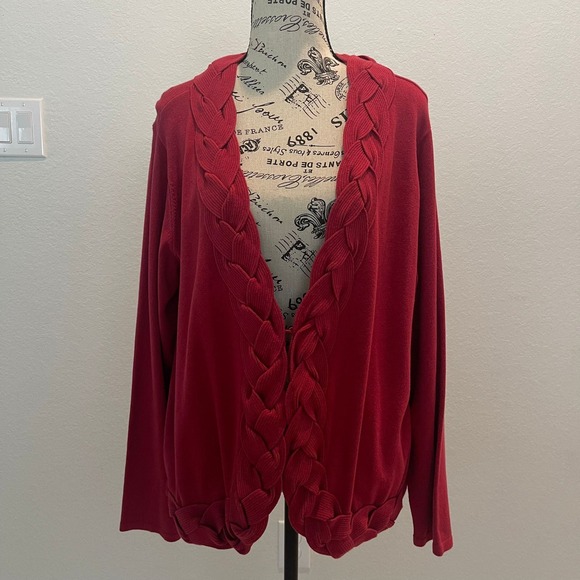 Jones New York Signature Woman 2X Red Braided Open Front Cardigan Sweater - Picture 1 of 9